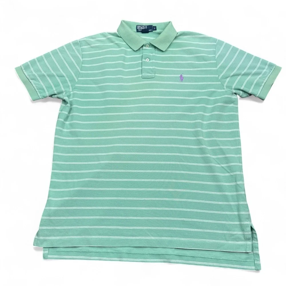Ralph Lauren Polo Shirt Mens Size Large Light Green Striped Vintage Casual Pony